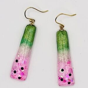 Elegant Green and Pink Dangle Watermelon theme Earrings